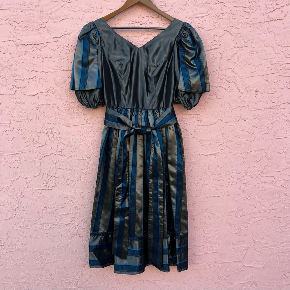 Vintage Blair Woolverton Dress Stripes Black Blue Shimmer Shiny Size 8